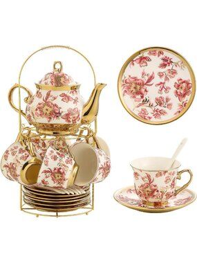 Elegant 20-Piece Floral Porcelain Tea Set with Metal Holder - Perfect for Adults